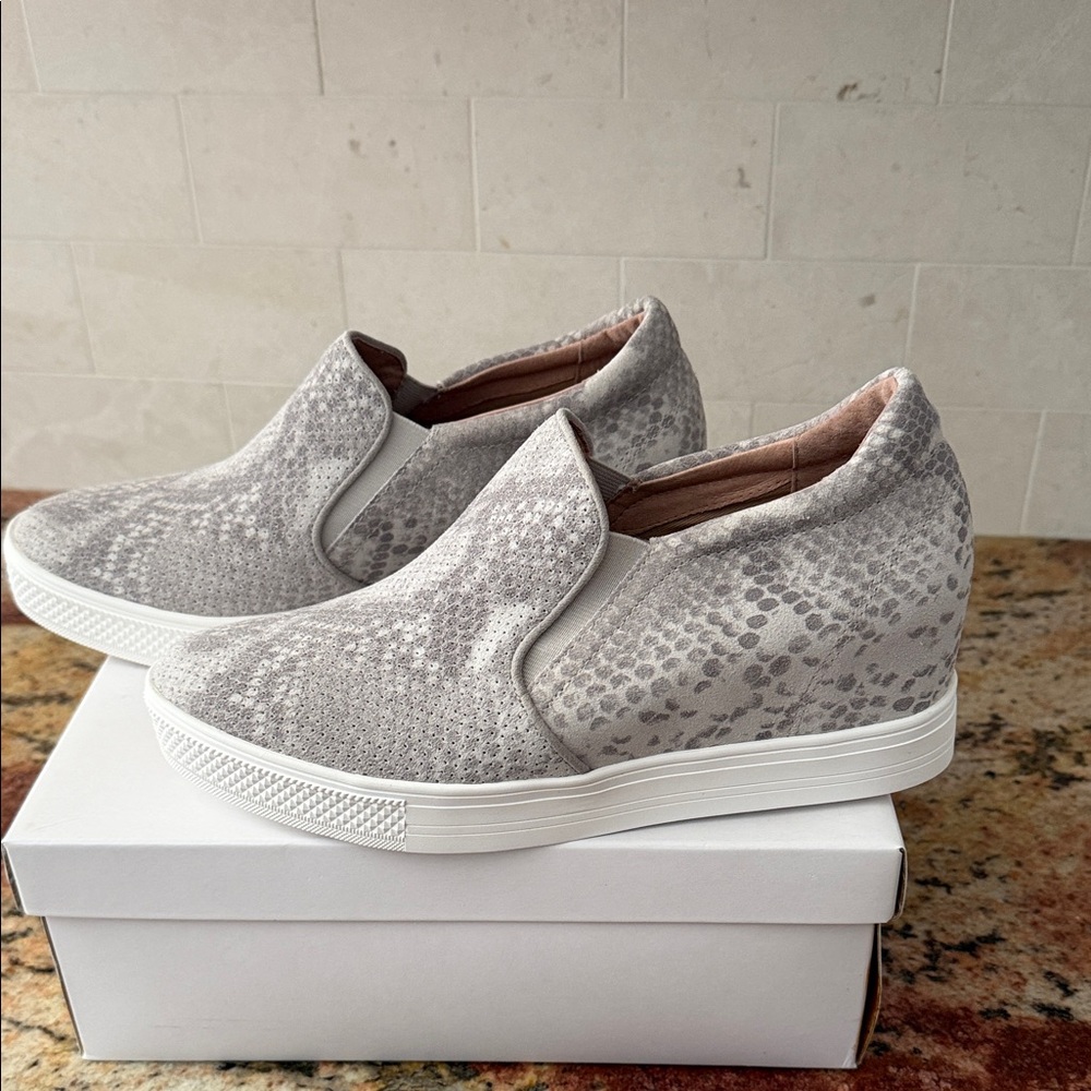 Caslon Gray Snake-Print Slip-On Wedge Sneakers